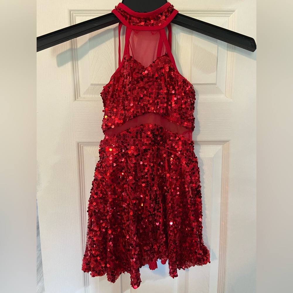 Weissman Red Sequin dance costume. Size IC (size equivalent 7/8) with hair tie